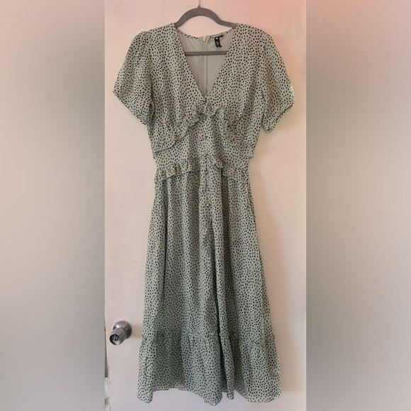 Nasty Gal Dresses & Skirts - Sage Green Polka Dot Ruffle Midi Dress